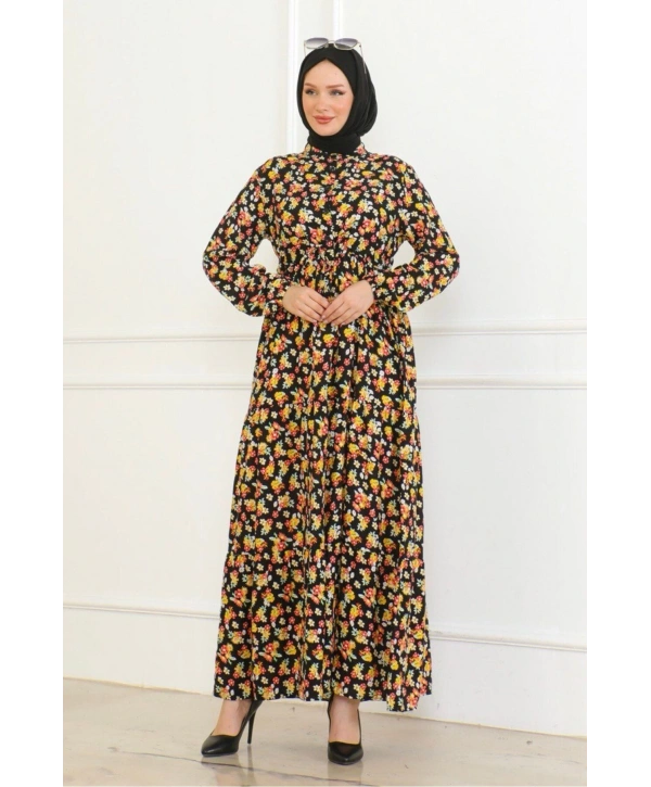 Çiçek Desenli Bağlamalı Viskon Kumaş Elbise - Sarı