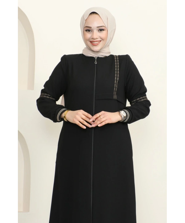 Nakışlı Ribanalı Tesettür Ferace - Siyah