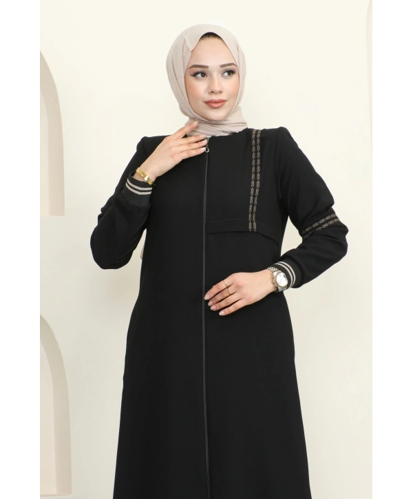 Nakışlı Ribanalı Tesettür Ferace - Siyah