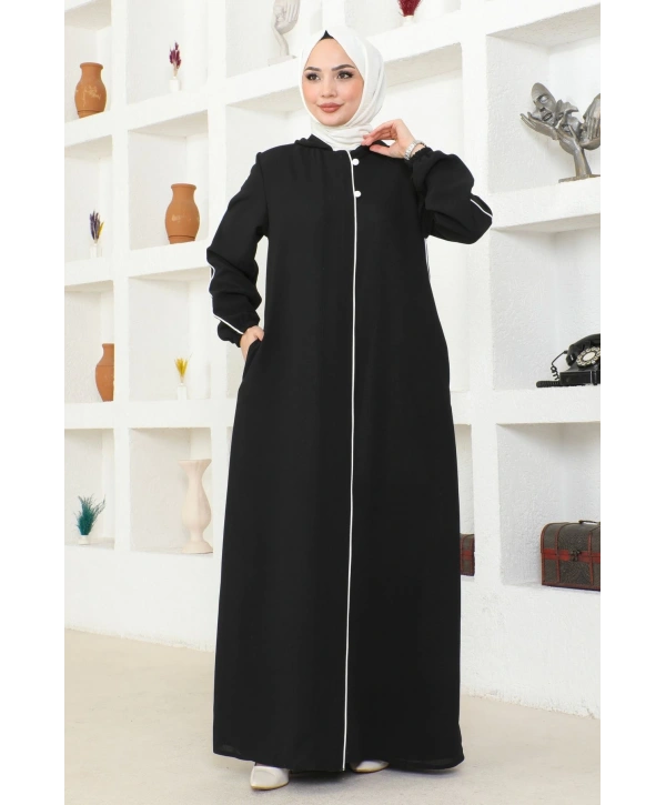 Kapüşonlu Biye ve Düğme Detaylı Petek Kumaş Ferace - Siyah / F0125