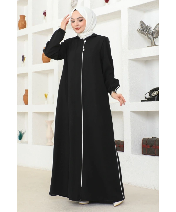 Kapüşonlu Biye ve Düğme Detaylı Petek Kumaş Ferace - Siyah / F0125