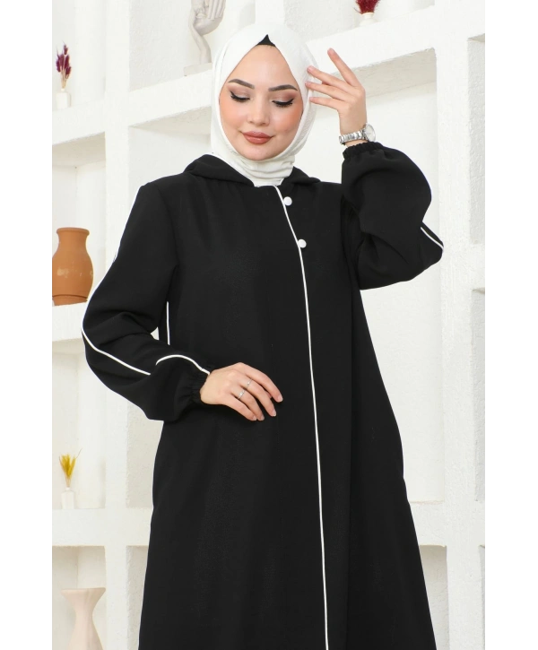 Kapüşonlu Biye ve Düğme Detaylı Petek Kumaş Ferace - Siyah / F0125