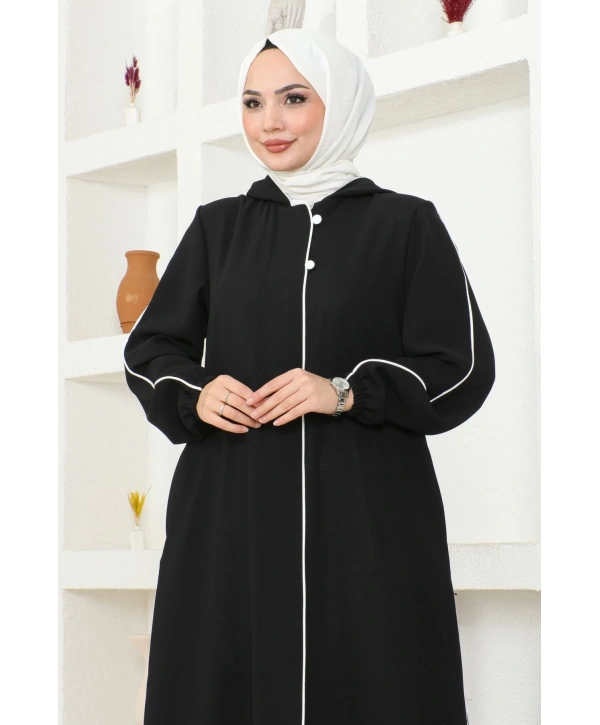 Kapüşonlu Biye ve Düğme Detaylı Petek Kumaş Ferace - Siyah / F0125