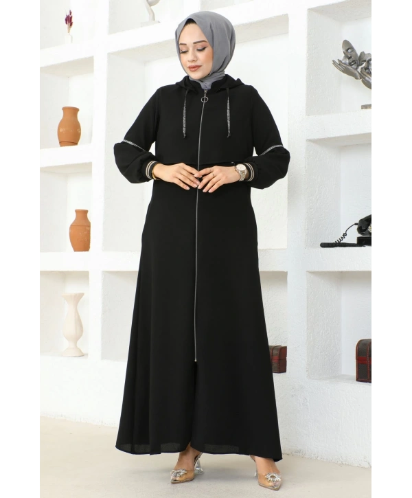 İthal Petek Kapüşonlu Ferace -Siyah