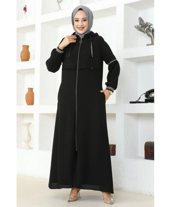 İthal Petek Kapüşonlu Ferace -Siyah