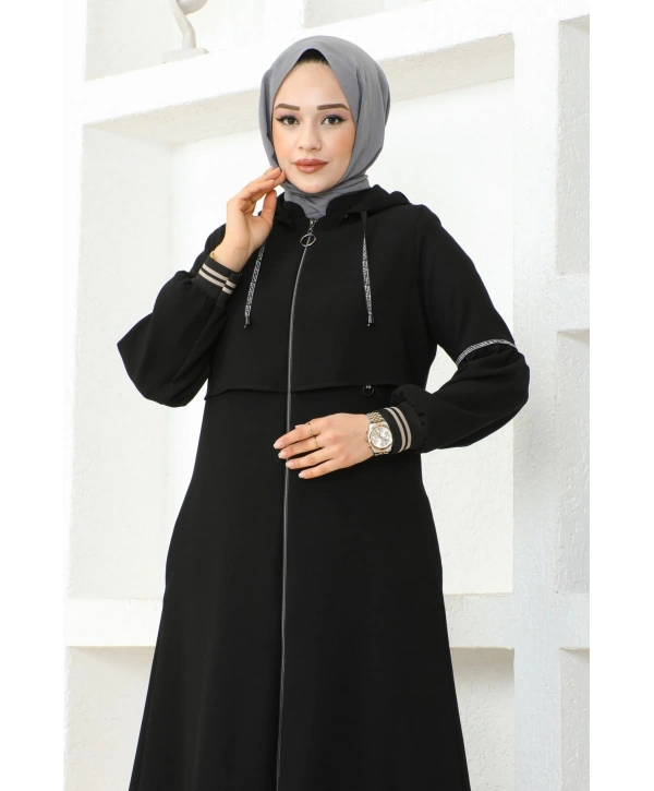 İthal Petek Kapüşonlu Ferace -Siyah