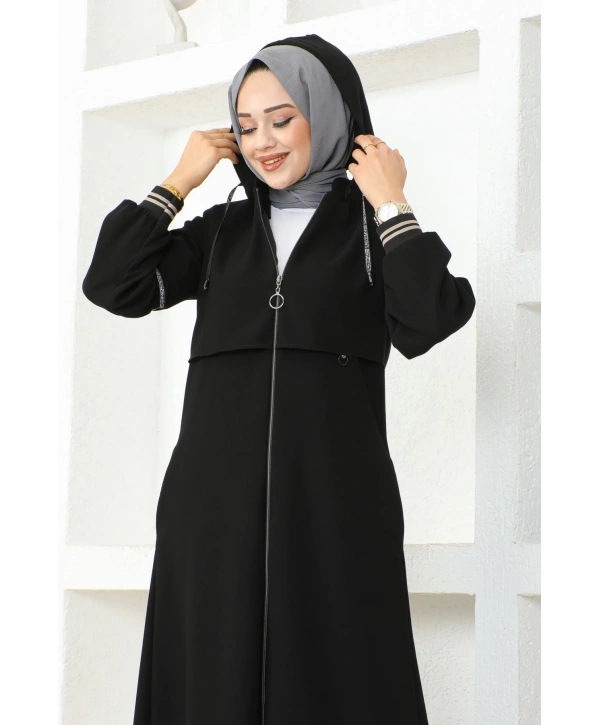İthal Petek Kapüşonlu Ferace -Siyah