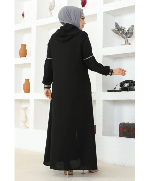 İthal Petek Kapüşonlu Ferace -Siyah