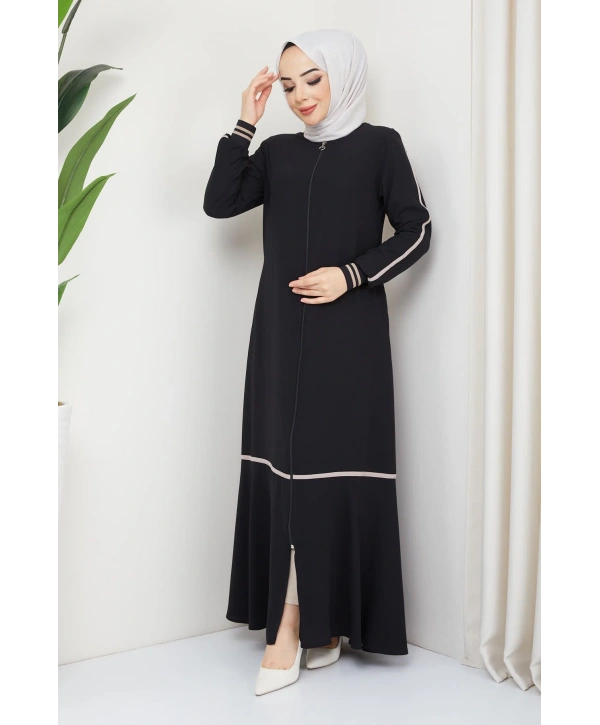 Siyah Kol Ribanalı Şeritli Medine Ipeği Ferace