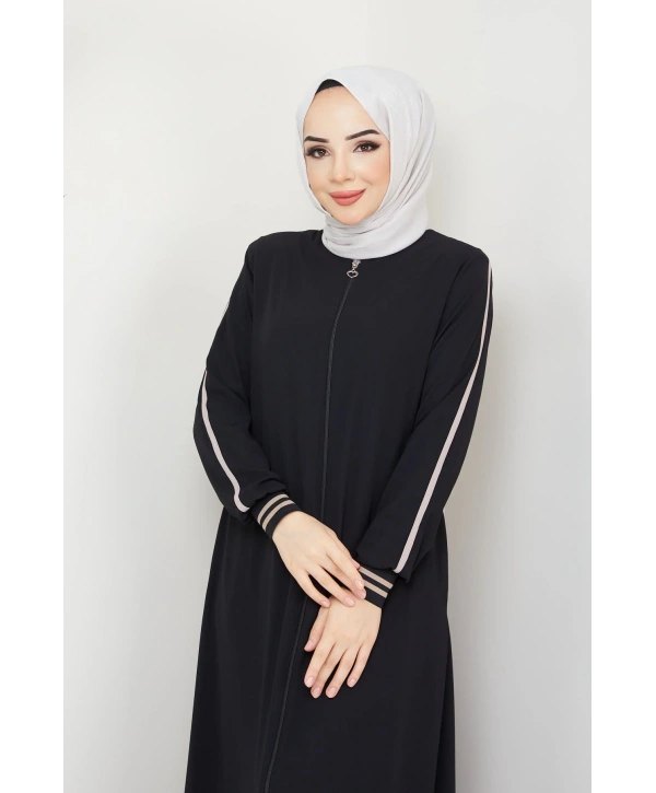 Siyah Kol Ribanalı Şeritli Medine Ipeği Ferace