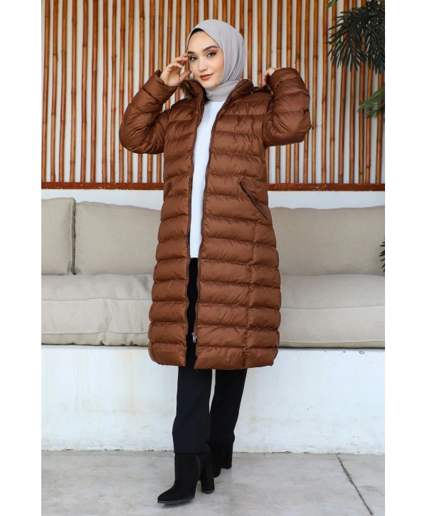 Siyah Kapüşonlu Fermuarlı Şişme Mont - TABA