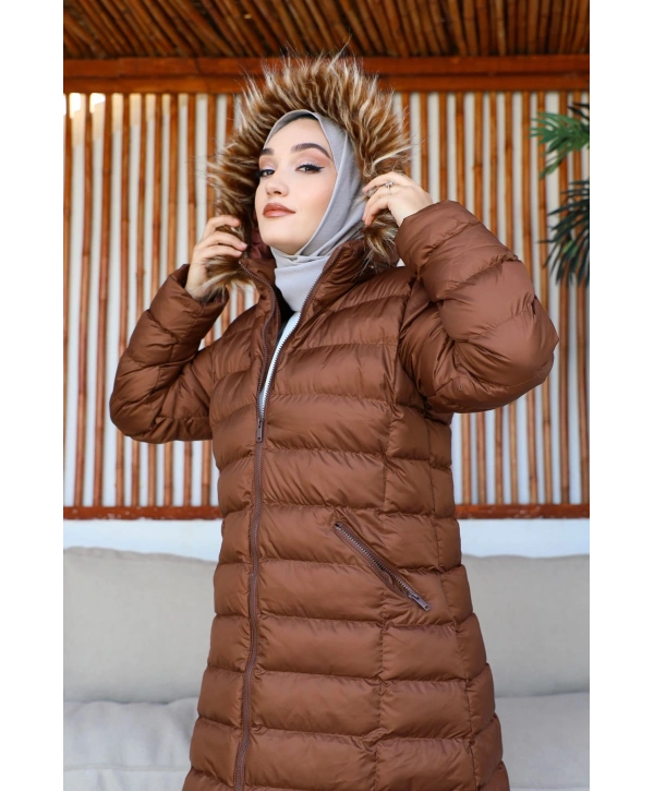 Siyah Kapüşonlu Fermuarlı Şişme Mont - TABA