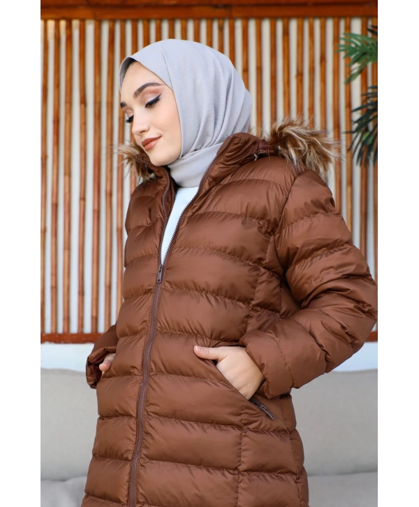 Siyah Kapüşonlu Fermuarlı Şişme Mont - TABA