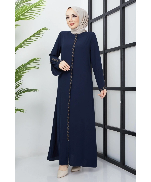 Büyük Beden Taş Detaylı Lacivert Ferace SS2030