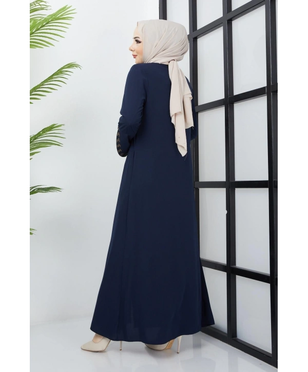 Büyük Beden Taş Detaylı Lacivert Ferace SS2030