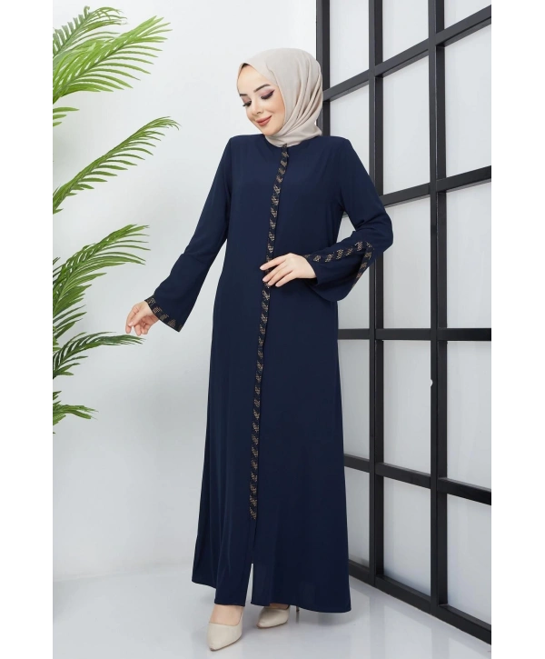 Büyük Beden Taş Detaylı Lacivert Ferace SS2030