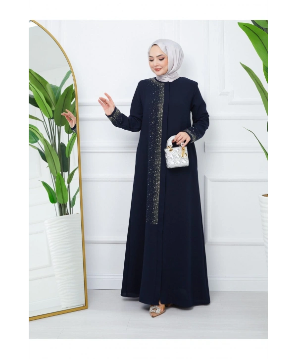 Ön Ve Kol Taş Detaylı Büyük Beden Ferace