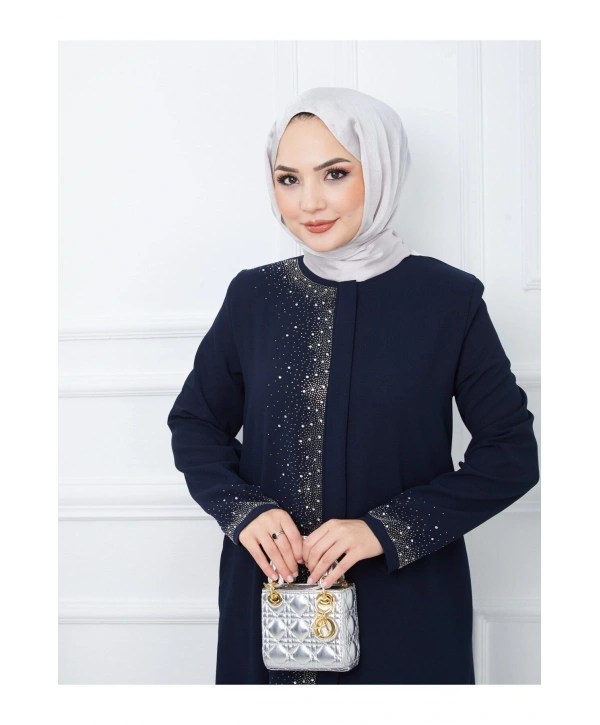 Ön Ve Kol Taş Detaylı Büyük Beden Ferace