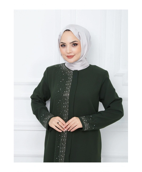 Ön Ve Kol Taş Detaylı Büyük Beden Ferace