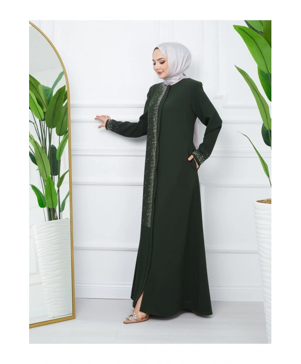 Ön Ve Kol Taş Detaylı Büyük Beden Ferace