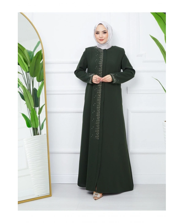 Ön Ve Kol Taş Detaylı Büyük Beden Ferace