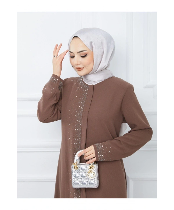 Ön Ve Kol Taş Detaylı Büyük Beden Ferace