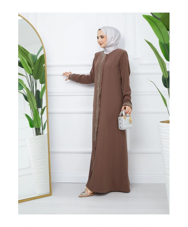 Ön Ve Kol Taş Detaylı Büyük Beden Ferace