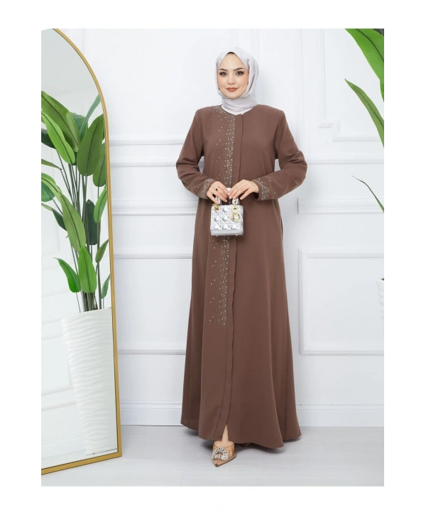 Ön Ve Kol Taş Detaylı Büyük Beden Ferace