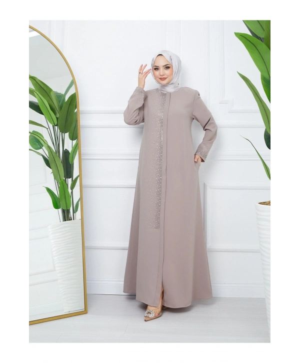 Ön Ve Kol Taş Detaylı Büyük Beden Ferace