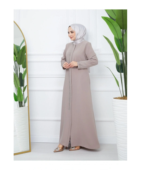 Ön Ve Kol Taş Detaylı Büyük Beden Ferace