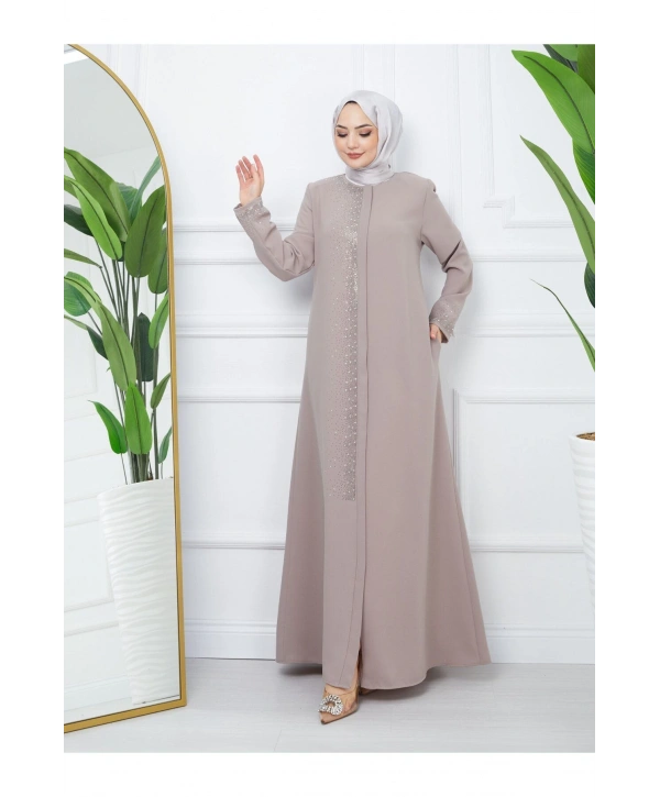 Ön Ve Kol Taş Detaylı Büyük Beden Ferace