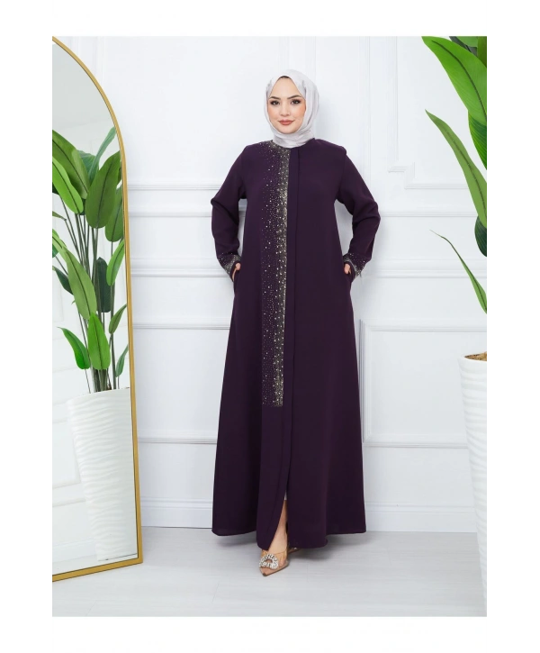 Ön Ve Kol Taş Detaylı Büyük Beden Ferace