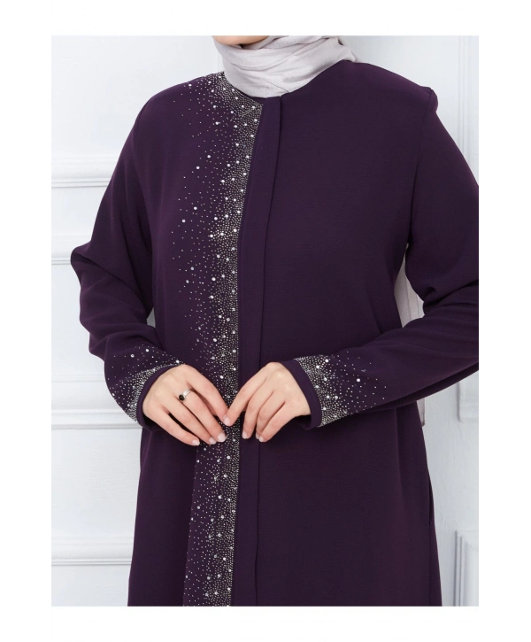 Ön Ve Kol Taş Detaylı Büyük Beden Ferace