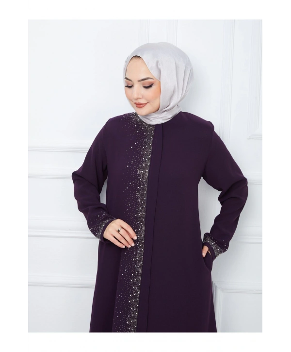 Ön Ve Kol Taş Detaylı Büyük Beden Ferace