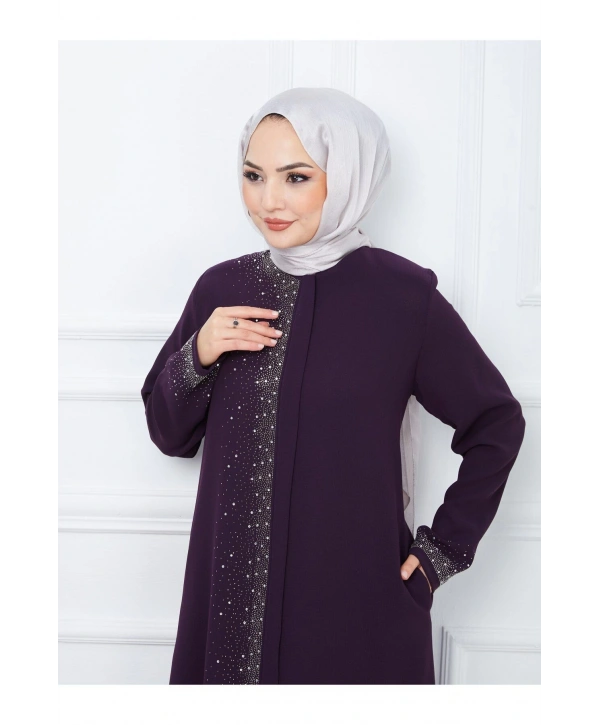 Ön Ve Kol Taş Detaylı Büyük Beden Ferace