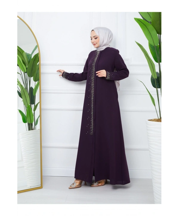 Ön Ve Kol Taş Detaylı Büyük Beden Ferace