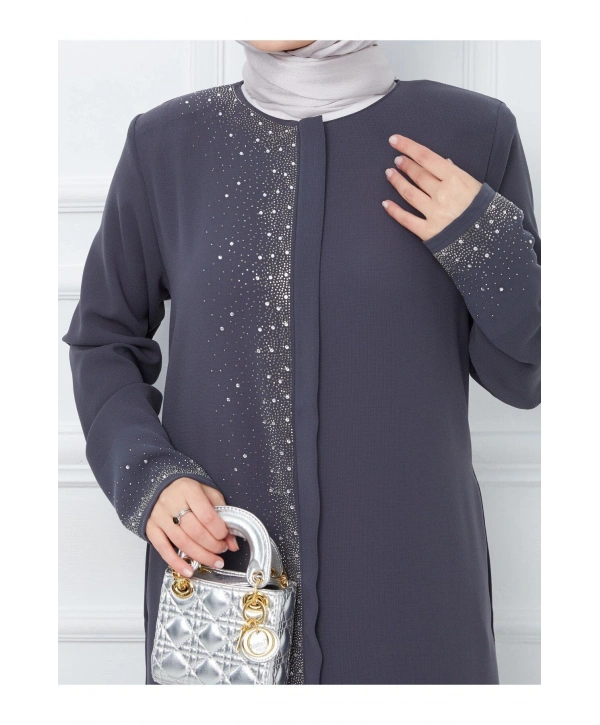 Ön Ve Kol Taş Detaylı Büyük Beden Ferace