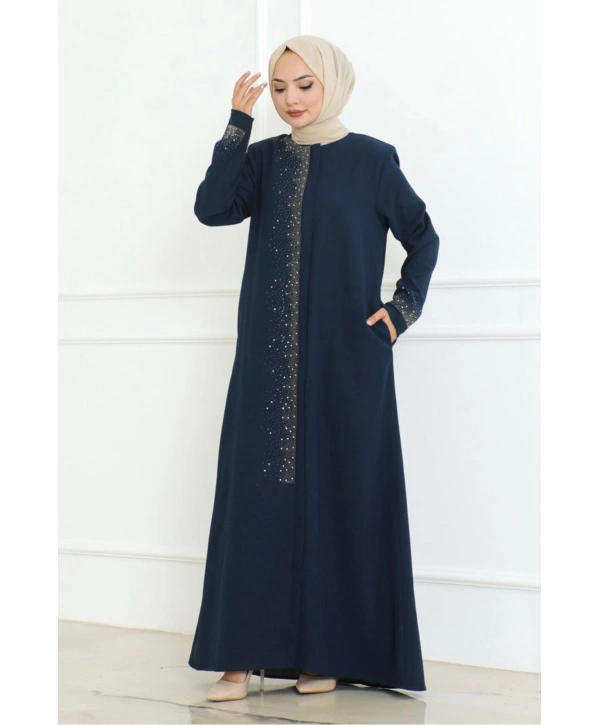 Ön Ve Kol Taş Detaylı Büyük Beden Ferace