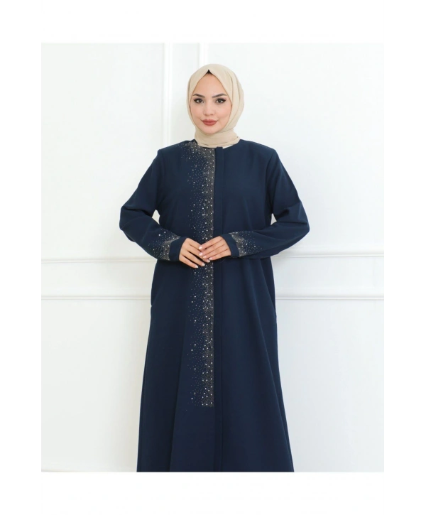 Ön Ve Kol Taş Detaylı Büyük Beden Ferace