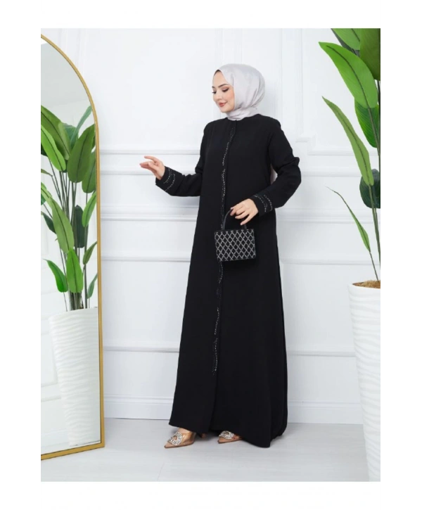 Ön Ve Kol Taşlı Büyük Beden Ferace