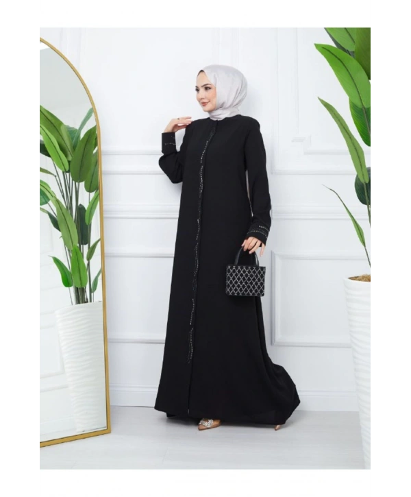 Ön Ve Kol Taşlı Büyük Beden Ferace