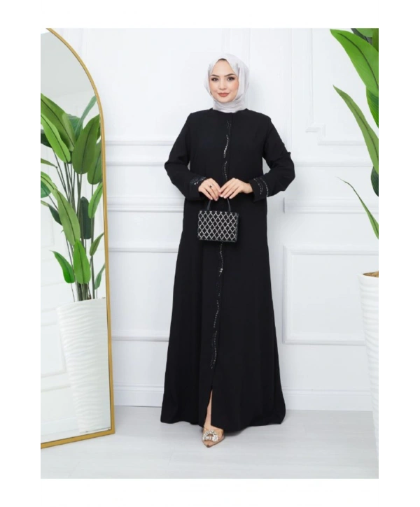 Ön Ve Kol Taşlı Büyük Beden Ferace