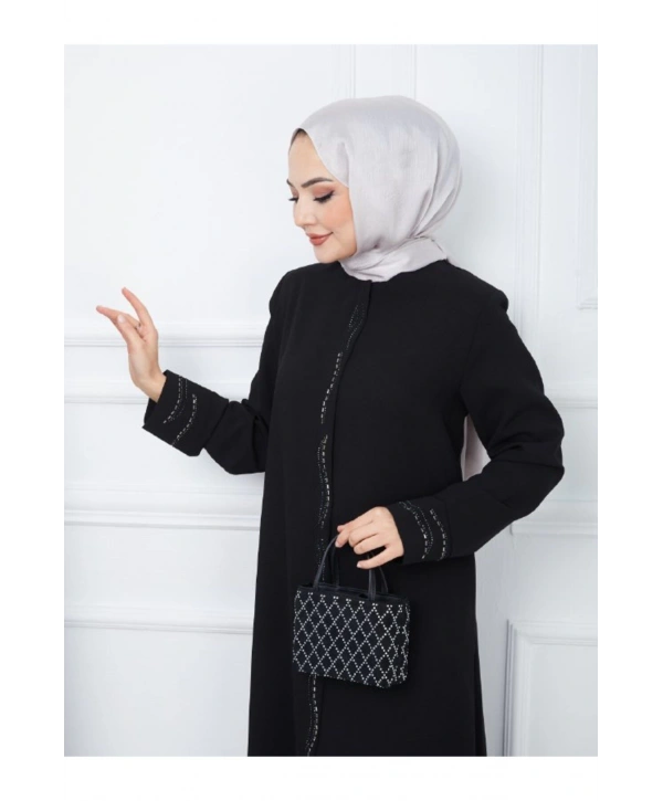 Ön Ve Kol Taşlı Büyük Beden Ferace