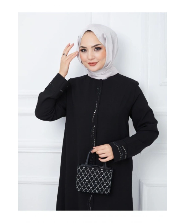 Ön Ve Kol Taşlı Büyük Beden Ferace