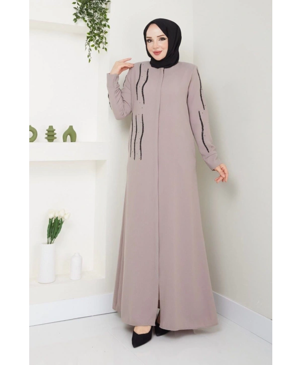 Ön ve Kol Taş Detaylı Büyük Beden Ferace