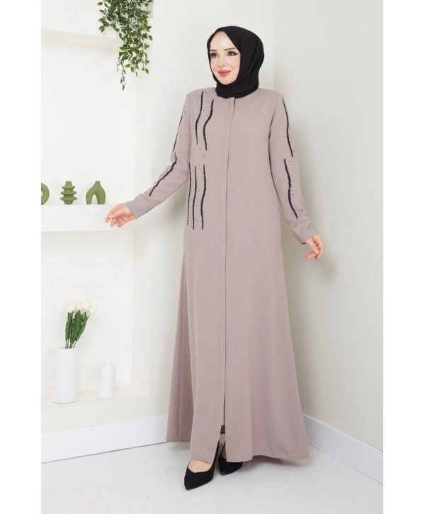 Ön ve Kol Taş Detaylı Büyük Beden Ferace