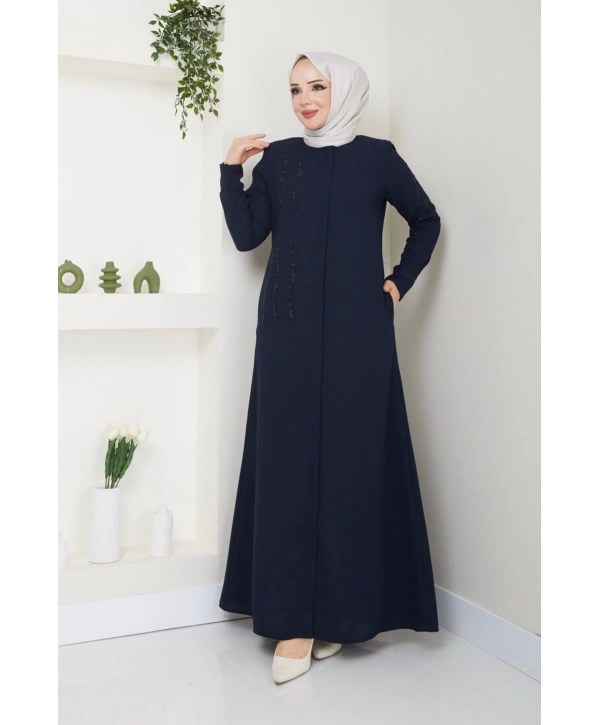 Ön ve Kol Taş Detaylı Büyük Beden Ferace