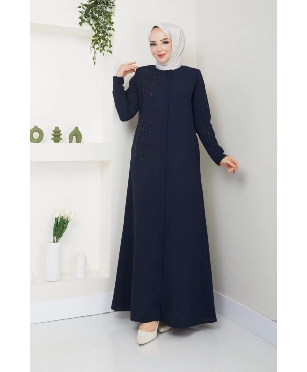 Ön ve Kol Taş Detaylı Büyük Beden Ferace