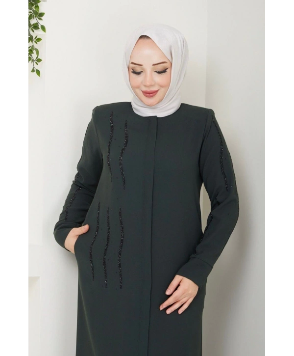 Ön ve Kol Taş Detaylı Büyük Beden Ferace