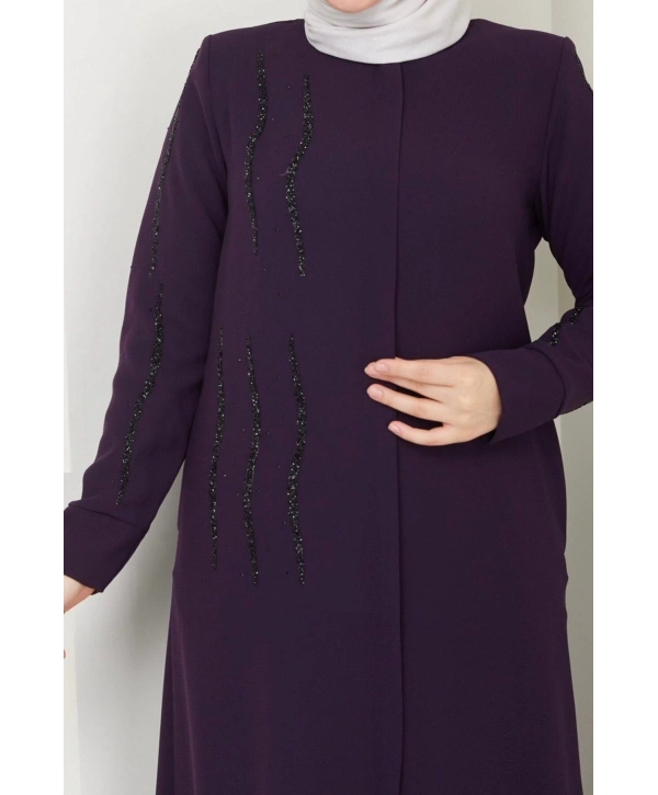 Ön ve Kol Taş Detaylı Büyük Beden Ferace